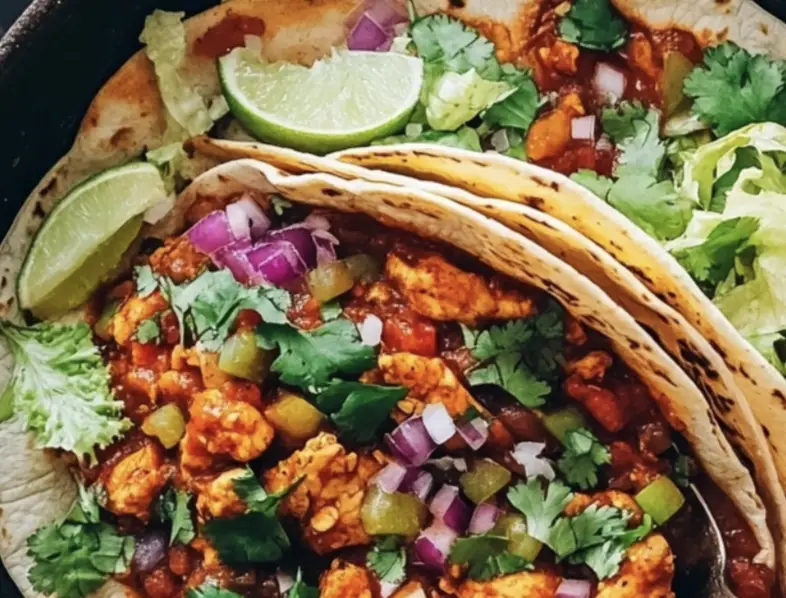 Plate of Chicken Tinga Tacos with avocado slices, crumbled queso fresco, fresh cilantro, and lime wedges on a rustic wooden table.
